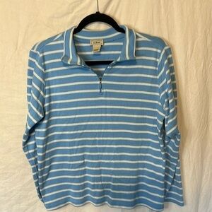 LL BEAN Womens Blue White Stripe 1/4 Zip Mock Neck Long Sleeve Shirt Sz. Large